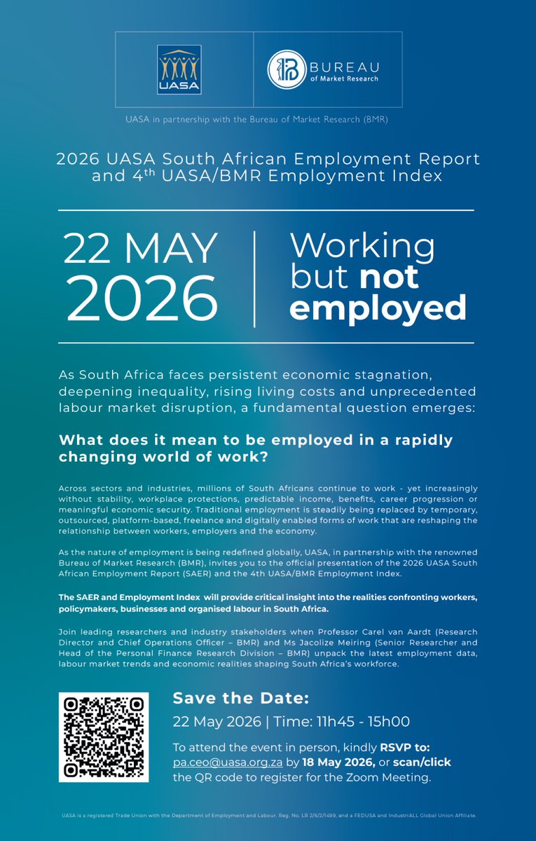 ResearchHubBMR1's tweet photo. Join UASA and the BMR for the official launch of the 2026 UASA South African Employment Report and the 4th UASA/BMR Employment Index.
#UASA #BMR #EmploymentReport #LabourMarket #Futureofwork #SouthAfrica https://t.co/NZUXryuFQA