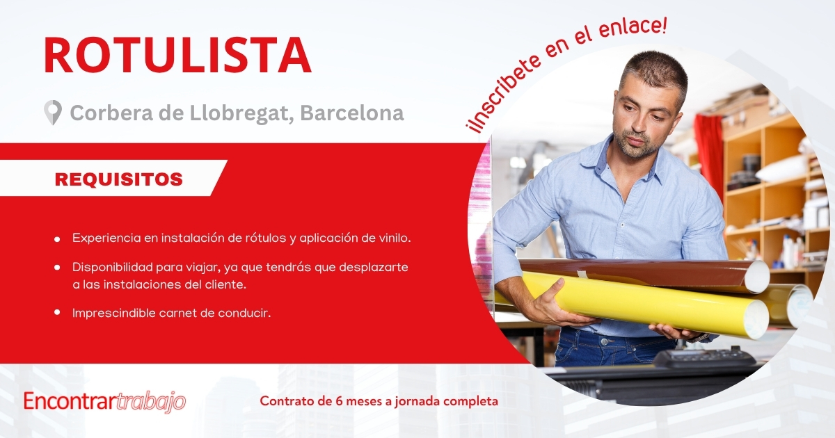 Encontrar_Trb's tweet photo. 🔍 #EmpleoBarcelona | ¿Tienes experiencia como #rotulista? Tenemos disponible una oferta de #trabajo para ti en #CorberadeLlobregat, #Barcelona. Instalador de lona y colocación de vinilo por toda España. ➡ https://t.co/0TTkY6p4Zf https://t.co/UmrTpUbewN