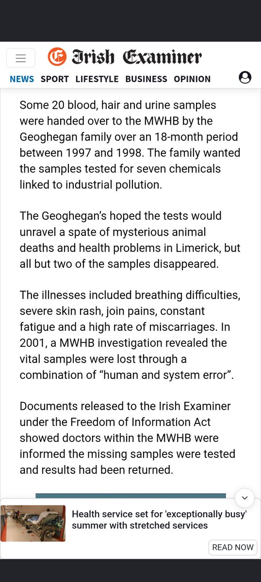 Galwaybaywatch's tweet photo. Some context for everyone who hasn't read into this.
The Taoiseach (Prime Minister) was minister for health during the early 2000s. Samples were taken for 18 months, as part of an investigation into a spike of health cases and animal deaths in the region. 
That went missing. https://t.co/OoLY0K9edN