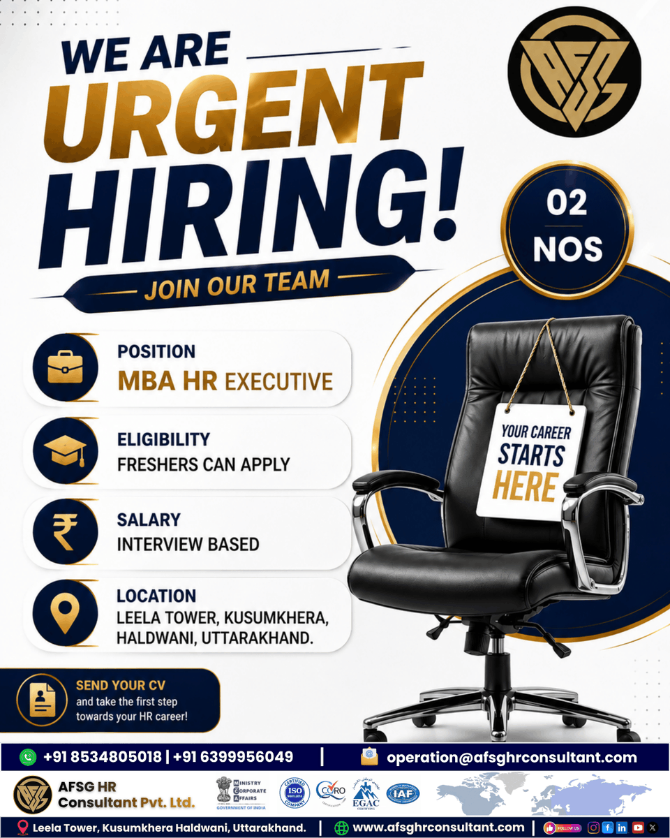 WE ARE URGENTLY HIRING – MBA HR EXECUTIVE

Freshers Can Apply
Salary: Interview Based
Location: Leela Tower, Haldwani
Start your HR career with AFSG HR Consultant Pvt. Ltd. 
Send Your CV:
+91 8534805018 | +91 6399956049
#Hiring #UrgentHiring #MBAHR #HRJobs #FreshersJobs