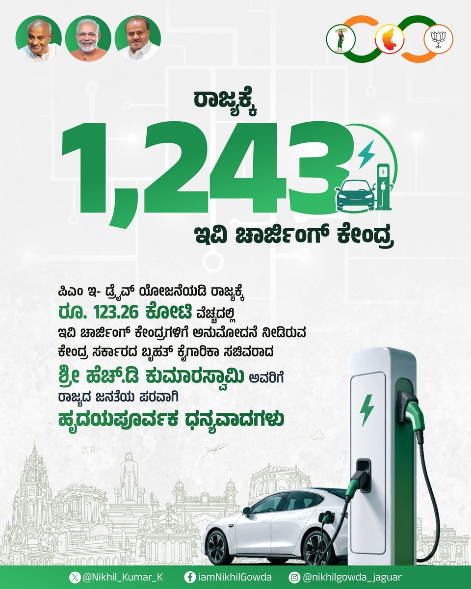 Nikhil_Kumar_k's tweet photo. ಪಿಎಂ ಇ- ಡ್ರೈವ್ ಯೋಜನೆಯಡಿ ರಾಜ್ಯಕ್ಕೆ ರೂ. 123.26 ಕೋಟಿ ವೆಚ್ಚದಲ್ಲಿ 1,243 ಇವಿ ಚಾರ್ಜಿಂಗ್ ಕೇಂದ್ರಗಳಿಗೆ ಅನುಮೋದನೆ ನೀಡಿರುವ ಕೇಂದ್ರ ಸರ್ಕಾರದ ಬೃಹತ್ ಕೈಗಾರಿಕಾ ಸಚಿವರಾದ ಶ್ರೀ ಹೆಚ್.ಡಿ. ಕುಮಾರಸ್ವಾಮಿ ಅವರಿಗೆ ರಾಜ್ಯದ ಜನತೆಯ ಪರವಾಗಿ ಹೃದಯಪೂರ್ವಕ ಧನ್ಯವಾದಗಳು.

#PMEDRIVE #PMEDriveScheme
#EVIndia #ElectricVehicles
#Karnataka #Bengaluru