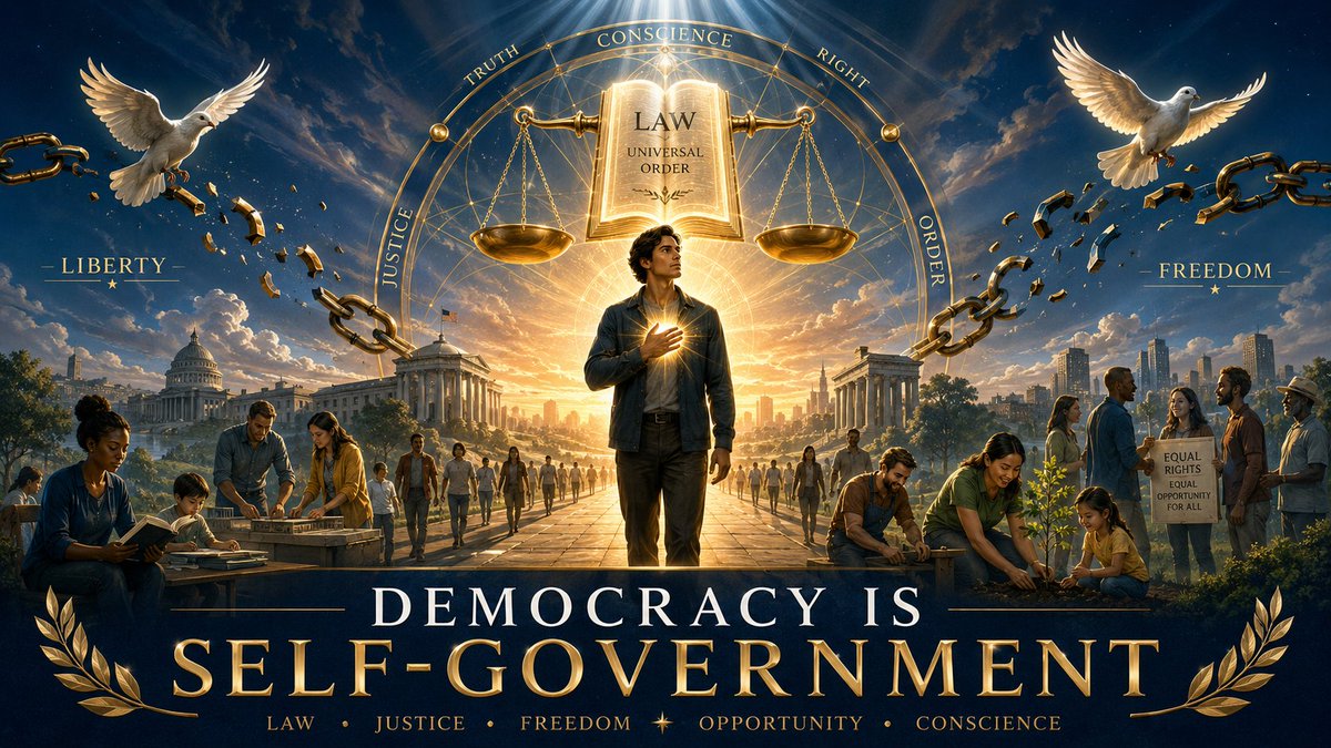 dandoinit's tweet photo. Extract from the book "Democracy is Self-Government" https://t.co/YjCtPHKXBu
Copyright 1980 by https://t.co/th93Lmnjx7
All rights reserved, including the right to reproduce this book or portions thereof in any form.

DEMOCRACY IS SELF-GOVERNMENT
Harold W. Percival
PART I
Knowledge, Justice and the Pursuit of Happiness

If law and justice rule the world, and if each one born in the United States of America, or everyone who becomes a citizen, is free and equal under the law, how is it possible for all Americans, or any two, to be entitled to equal rights and opportunity of life and liberty in the pursuit of happiness, when each one’s destiny is so necessarily influenced by his birth and by his station in life?
By an examination and understanding of these terms or phrases, it will become apparent that whatever one’s destiny may be, the United States of America, as compared with many other countries, has fewer disadvantages and offers greater opportunities for one to work with or against his destiny in the pursuit of happiness.

Law

Law is a prescription for performance, made by the thoughts and acts of its maker or makers, to which those who subscribe are bound.

When one thinks what he desires to be, or to do, or to have, or, when several think what they desire to have, or to do, or to be, he or they are unaware that what they are mentally formulating and prescribing is the law by which, in the near or distant future, he or they are actually bound to perform as the acts or the conditions in which they will then be.

Of course most people do not know that they are bound by the law of their own thinking, else they would not think the thoughts they usually do think. Nevertheless, by the law of their thinking all things that are done in the world are done by the prescription of their thoughts, and all the unexpected and unforeseen happenings and conditions are brought about by the officers of justice in the world of the unseen.

Justice

Justice is the action of knowledge in relation to the subject in question. That is, it is the giving and receiving of what is right and just exactly according to what one has prescribed for himself by his thoughts and acts.

People do not see how justice is executed, because they cannot see and do not understand how they think and what are their thoughts; they do not see or understand how they are inseparably related to their thoughts and how the thoughts operate over long periods; and they forget the thoughts they have created and for which they are responsible. Therefore they do not see that justice administered is just, that it is the unerring result of their own thoughts which they have created,—and from which they must learn the art of what to do, and what not to do.

Destiny

Destiny is the irrevocable decree or the prescription filled: the thing prescribed,—such as the body and family into which one comes, the station one is in, or any other fact of life.

People have indefinite notions about destiny. They fancy that it comes in a mysterious way, and haphazard, by chance; or that it is caused by any other means than by themselves. Destiny is mysterious; people do not know how individual and universal laws are made. They do not know and often refuse to believe that man makes the laws by which he lives, and that if law did not prevail in the life of man, as well as in the universe, there could be no order in nature; that there could be no recurrence in time, and that the world could not exist as it does for an hour. Each one’s life and the conditions in which he lives are the present immense sum of his long-past thoughts and acts, which by all law, are his duties. They are not to be considered as “good” or “bad”; they are his problems, to be solved by him for his own improvement. He may do with them as he pleases. But whatever he thinks and does, that is making his destiny in the inevitable time to come.

To Be Free

To be free is to be unattached. People sometimes believe they are free because they are not slaves, or are not imprisoned. But often they are as firmly bound by their desires to the objects of the senses as any slave or prisoner held fast by his shackles of steel. One is attached to things by his desires. The desires are attached by one’s thinking. By thinking, and only by thinking, the desires can let go of the objects to which they are attached, and so be free. Then one can have the object and can use it the better because he is no longer attached and bound to it.

Freedom

Freedom is unattachment; unattachment of oneself to the state, condition, or fact of being, in which or of which, one is conscious.

People who learn little believe that money or possessions or a great position will give them freedom, or remove the necessity for work. But these people are kept from freedom by not having these things, and by the getting of them. This is because they desire them, and their attached desires make them prisoners to their thoughts of the things. One may have freedom with or without such things, because freedom is the mental attitude and state of one who will not be attached in thought to any subject of the senses. One who has freedom performs every action or duty because it is his duty, and without any desire for reward or fear of consequences. Then, and then only, he can enjoy the things he has or uses.

Liberty

Liberty is immunity from slavery, and the right of one to do as he pleases so long as he does not interfere with another’s equal right and choice.

People who believe that liberty gives them the right to say and to do what they please, regardless of the rights of others, can be trusted with liberty no more than a wild madman can be allowed among those who are well behaved, or a drunken pickpocket let loose among the sober and industrious. Liberty is a social state, in which each one will respect and will give the same consideration to the rights of others as he expects for his own.

Equal rights

To be equal cannot mean to be exactly the same, because no two human beings are or can be the same or equal in body, in character, or in intellect.

People who are too insistent on their own equal rights are usually those who want more than their rights, and to have what they want they would deprive others of their rights. Such people are overgrown children or barbarians and are not deserving of equal rights among the civilized until they will have due consideration for the rights of others.

Equality

Equality and equal rights in freedom are: each one has the right to think, to feel, to do, and to be as he wills, without force, pressure or restraint.

One cannot usurp the rights of another without invalidating his own rights. Each citizen so acting preserves the equal rights and freedom for all citizens. Equality of people is a misnomer and a fable without sense or reason. The thought of equality of persons is as absurd or ridiculous as it would be to speak of stationary time, or absence of difference, or of one identity of all. Birth and breeding, habits, customs, education, speech, sensibilities, behavior, and inherent qualities make equality impossible among human beings. It would be as wrong for the cultured to claim equality and to have companionship with the ignorant, as it would be for the boisterous and ill-bred to feel equality with those of good manners and to insist on being welcomed by them. Class is self-determined, not by birth or favor, but by thinking and acting. Each class which respects its own, will respect any other class. The impossible “equality” which causes envy or dislike, will not be desired by any class.

Opportunity

Opportunity is an act or an object or an event which is related to the needs or designs of oneself or of another person, and which is dependent upon a conjunction of time and place and condition.

Opportunity is always present everywhere, but it does not mean the same to all persons. Man makes or uses opportunity; opportunity cannot make or use the man. Those who complain that they have not equal opportunity with others, disqualify and blind themselves so that they cannot see or make use of opportunities that are passing. Opportunities of various kinds are present always. The one who makes use of opportunities offered by time, condition and events, in relation to the needs and wants of people, wastes no time in complaint. He discovers what people need or what they want; then he supplies it. He finds opportunity.

Happiness

Happiness is an ideal state or dream toward which one may strive but which he never can attain. This is because man does not know what happiness is, and because man’s desires never can be entirely satisfied. The dream of happiness is not the same for all. That which might make one person happy would make another suffer; what to one would be pleasure to another might be pain. People want happiness. They are not sure just what happiness is, but they want it and they pursue it. They pursue it through money, romance, fame, power, marriage, and attractions without end. But if they learn from their experiences with these they will find that happiness eludes the pursuer. It can never be discovered in anything that the world can give. It can never be captured by pursuit. It is not found. It comes when one is ready for it and it comes to the heart that is honest and filled with good will toward all mankind.

Therefore it is that as law and justice must rule the world for it to continue to exist, and, as destiny is determined for all by one’s own thoughts and acts, it is compatible with law and justice that each person born in or who becomes a citizen of the United States of America can be free; that he can or should have under its laws equal rights with others; and, that one depending on his own abilities has his liberty and is free to use opportunity in the pursuit of happiness.

The United States of America can make no man free, law abiding and just, nor can it determine his destiny and give him happiness. But the country and its resources offer every citizen the opportunity to be as free, law abiding and just as he will be, and the laws to which he subscribes guarantee him right and liberty in his pursuit of happiness. The country cannot make the man; the man must make himself what he wills to be. But no country offers ever continuing opportunities greater than those which the United States of America offers to every responsible one who will keep the laws and will make himself as great as it is in his power to be. And the degree of greatness is to be measured not by birth or wealth or party or class, but by self-control, by one’s government of oneself, and one’s efforts toward the election of the most competent of the people to be the governors of the people in the interest of all of the people, as one people. In this way one can become really great, in the establishing of true self-government, a real Democracy in the United States. Greatness is in being self-governed. One who truly is self-governed can serve the people well. The greater the service to all of the people, the greater the man.

Each human body is the destiny, but only the physical destiny, of the conscious Doer in that body. The Doer does not remember its former thoughts and acts which were its prescription for the making of the body it is now in, and which is its own physical inheritance, its law, its duty, and its opportunity—the opportunity for performance.

In the United States there is no birth so lowly that the Doer who comes into that body may not raise it to the highest station in the land. The body is mortal; the Doer is immortal. Is the Doer in that body so attached to the body that it is ruled by the body? Then, though the body be of high estate, the Doer is its slave. If the Doer is sufficiently unattached that it performs all the laws of the body as duties to care for it and protect it and keep it in health, but not to be swerved by the body from its own chosen purpose in life—then the Doer is unattached and, therefore, free. Every immortal Doer in every mortal body has the right to choose whether it will attach itself to the body and be ruled by the bodily wants, or be unattached to the body and be free; free to determine its life-purpose, regardless of the circumstances of the body’s birth or station in life; and free to engage in the pursuit of happiness.

Law and justice do rule the world. If it were not so there would be no circulation in nature. Masses of matter could not be dissolved into units, the infinitesimals and atoms and molecules could not combine into definite structure; the earth, sun, moon and stars could not move in their courses and be continually held in their relation to each other in their bodily and spatial immensities. It is against sense and reason, and worse than madness, to fancy that law and justice might not rule the world. If it were possible that law and justice might be stopped for one minute, the result would be universal chaos and death.

Universal justice rules the world by law in consonance with knowledge. With knowledge there is certainty; with knowledge there is no room for doubt.

Temporal justice rules for man, with the evidences of his senses as the law, and to accord with expediency. With expediency there is always doubt; there is no room for certainty. Man limits his knowledge and his thinking to the evidences of his senses; his senses are inaccurate, and they change; therefore it is unavoidable that the laws which he makes must be inadequate, and that concerning justice he is always in doubt.

What man calls law and justice concerning his life and conduct is out of order with eternal law and justice. Therefore he does not understand the laws by which he lives and the justice which is meted out to him in every event of his life. He often believes that life is a lottery; that chance or favoritism prevails; that there is no justice, unless it be that might is right. Yet, for all of that, there is eternal law. In every happening of human life inviolable justice rules.

Man can, if he so wills, become conscious of universal law and justice. For good or ill, man makes the laws for his own future destiny by his own thoughts and acts, even as by his past thoughts and acts he has spun his own web of destiny on which he works day by day. And, by his thoughts and acts, though he knows it not, man helps to determine the laws of the land in which he lives.

There is a station in every human body through which the Doer in the human can begin to learn of eternal law, the law of rightness—if the Doer so wills. The station is in the human heart. From there the voice of conscience speaks. Conscience is the Doer’s own standard of right; it is the Doer’s immediate sum of knowledge on any moral subject or question. A multitude of preferences and prejudices, all of the senses, constantly swarm into the heart. But when the Doer distinguishes these from the voice of conscience and heeds that voice the sensual invaders are kept out. The Doer then begins to learn the law of rightness. Conscience warns him of what is wrong. Learning the law of rightness opens the way for the Doer to appeal to its reason. Reason is the counselor, the judge and the administrator of justice in everything concerning the Doer in the human. Justice is the action of knowledge in relation to the subject in question. That is, justice is the relation of the Doer to its duty; this relation is the law which the Doer has decreed for itself; it has created this relation by its own thoughts and acts; and it must fulfil this relation; it must willingly live according to this self-made law, if it is to be in accord with universal law.