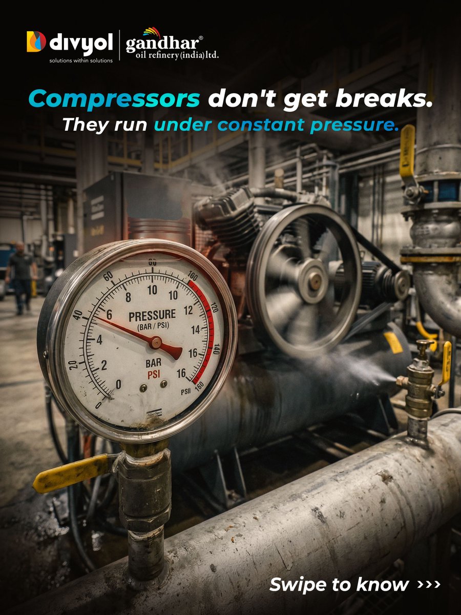 Divyol's tweet photo. Machines don’t pause. Neither should your compressor.
Divyol Compressor Oil helps control heat, reduce deposits, and maintain steady performance under pressure.
Because downtime costs more than the right oil.

#industrialoil #compressoroil #divyol https://t.co/9xV0oaaWmS