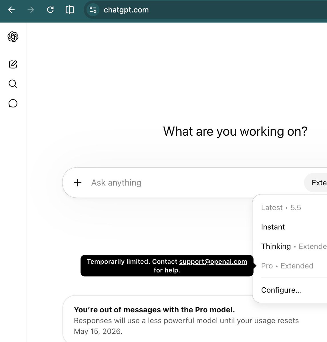 tanshuai's tweet photo. Claude Max + ChatGPT Pro user

OpenAI Pro: "no caps / unlimited / removes limits"
Fine: "subject to abuse guardrails"

10 queries/day → throttled. Abuse?

Claude nerfed last month, OpenAI repeated w/ GPT-5.5 still hot

3 levers: dumb-down, throttle, fine print

→ local hardware https://t.co/kscVOqc7Ui