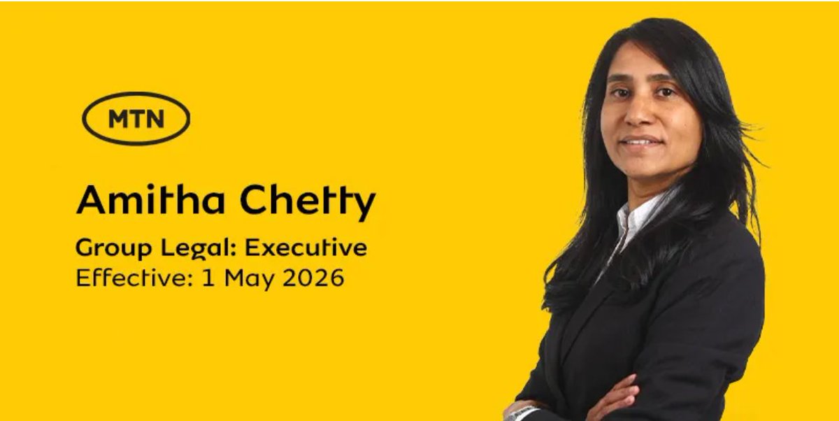 MTNGroup's tweet photo. We are pleased to announce the appointment of Amitha Chetty as Executive: Legal, effective 1 May 2026.

Amitha brings extensive legal, regulatory and commercial expertise, with senior leadership experience across the banking and financial services sectors. She has advised Boards and executive teams on significant cross-border and multi-jurisdictional matters.

Her leadership and experience will support MTN’s continued focus on strong governance, operational excellence and sustainable growth across its footprint.

Commenting on the appointment, Lele Modise, MTN Group Chief Executive: Legal and Regulatory, said: “Amitha brings a strong combination of legal expertise, commercial insight and strategic leadership experience. Her deep understanding of complex regulatory environments and governance will further strengthen our legal and regulatory capability as we continue to support the Group’s growth ambitions and uphold the highest standards of integrity and compliance.”

Please join us in welcoming Amitha to MTN Group and wishing her every success in her new role.

Read more: https://t.co/XmIQDh4klc

#DoingGoodTogether