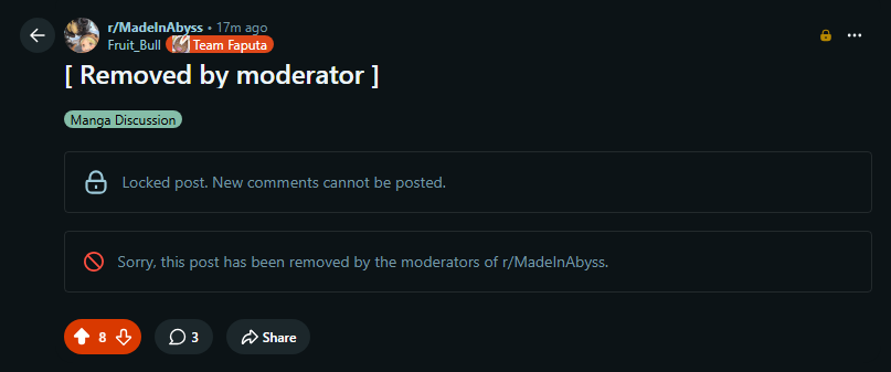 Ornstein_28's tweet photo. with made in abyss drama about it censored fan version in r/madeinabyss

mod team restore the post and lock comment
then remove all post that talk about it even post that just ask about what happen and post that criticize mod team decision https://t.co/vtfWnv4OTp