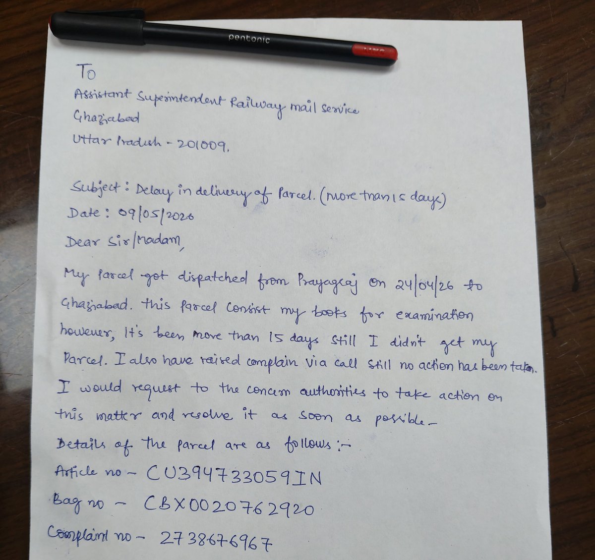 themohdsultan's tweet photo. @IndiaPostOffice @JM_Scindia Formal complaint: Delayed Exam Books. Dispatched Prayagraj to Ghaziabad 24/04/26. 15+ days delay, no action on previous call. Pls resolve.
​Art: CU394733059IN
Bag: CBX0020762920
Comp: 2738676967
#IndiaPost #PostalDelay #ConsumerRights https://t.co/7JoRFi5rZo
