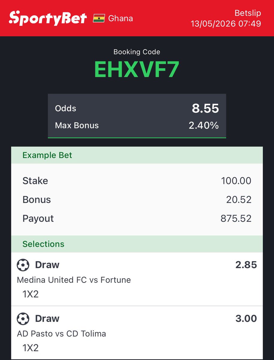 bingoodds1's tweet photo. Two draws. One ticket. Big value. 🎯

💰 Total Odds: 8.55
🔥 Booking Code: EHXVF7

Who’s riding with this tonight? 👀
#SportyBet #BettingTips #DrawTips #Acca #FootballTips #GhanaBettors https://t.co/bKfjU04jYf