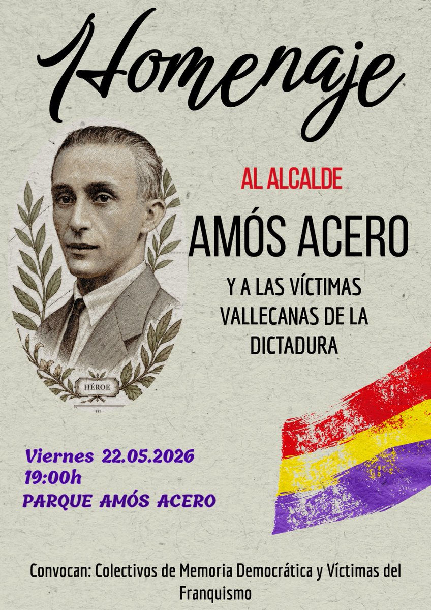 PCementerio's tweet photo. El viernes 22 a las 19h, en su Parque, vamos a rendir homenaje a AMOS ACERO, alcalde Republicano de Vallecas, y al resto de víctimas vallecanas asesinadas por la cruel y genocida dictadura franquista. 
Os esperamos. No faltéis.
✊🏾♥️💛💜 https://t.co/ZzAk1mNama