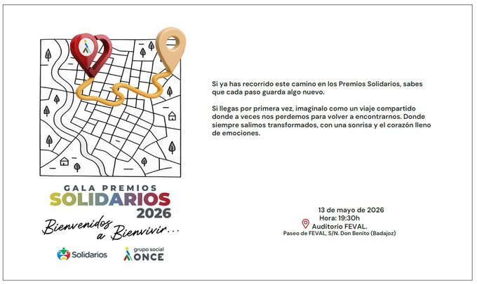 GrupoSocialONCE's tweet photo. ¡¡Te esperamos esta tarde, Bienvenidos a Bienvivir!!

🫂 Arrancamos nuestro recorrido de Galas de entrega de los Premios Solidarios @GrupoSocialONCE 2026 en #Extremadura 

👏 Scouts de Extremadura @ASDEEx
👏Rocío Muñoz, periodista @EPExtremadura
👏Jesús Sánchez Adalid @jsanchezadalid 
👏 Huerta Dehesa El Alcornocal @Iberitos
👏 Ayuntamiento de Almendralejo @AlcaldiaAlm 

🗓️13 de mayo
📍@FEVAL_  
     (Pº de Feval, s/n, 06400 Don Benito) 
🎫Entrada libre hasta completar aforo

ℹ️ https://t.co/msxMOrzLm3
#PremiosSolidarios #Bienvivir