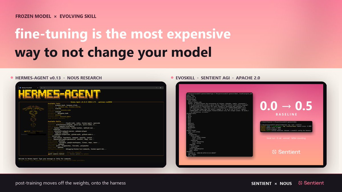 EvoSkill x NousResearch Hermes-Agent: "fine-tuning is the most expensive way to not change your model" — showing Hermes-Agent v0.13 terminal with 83 skills and 28 tools, and EvoSkill's 0.0→0.5 baseline improvement on a letter-counting task