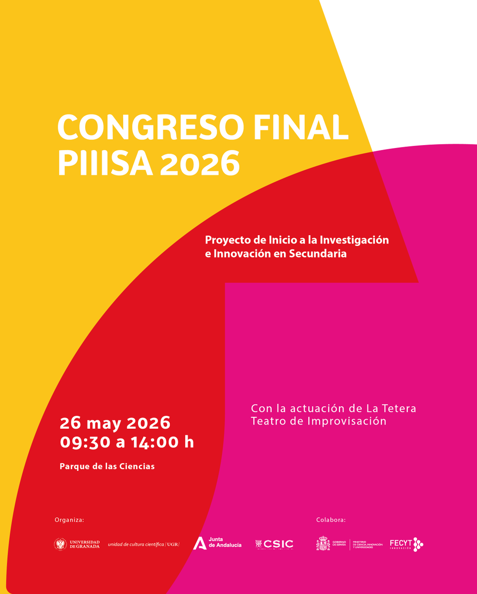 UGRdivulga's tweet photo. ¡Llega el Congreso final del proyecto #PIIISA 2026!

Culminan 5meses de investigación, desarrollada por estudiantes de Secundaria y Bachillerato con la supervisión de personal investigador de @CanalUGR y @CSIC en #Granada.

🗓️26 de mayo
📍@ParqueCiencias 

https://t.co/u1YHcnKjyg https://t.co/4eHE3XyhDR