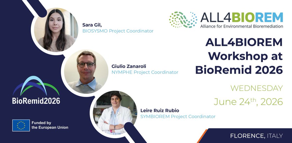 biosysmo's tweet photo. 🎤🌱 ALL4BIOREM Cluster #Workshop at #BioRemid2026 | Featured Flash Presentations!
@biosysmo is excited to be part of BioRemid 2026, where we will host a workshop with Flash Project Presentations on April 24, among other talks.⚡🌍

👥 Our workshop will feature introductions by project coordinators:

🔬#BIOSYSMO – Sara Gil Guerrero Gil, @idener
💧@Nympheproject – Giulio Zanaroli, @Unibo 
🌿@symbiorem_eu – Leire Ruiz Rubio, EHU

Join us for a dynamic session spotlighting leading EU projects and innovative approaches for #bioremediation, soil health, and water restoration.

🚀https://t.co/3myyIsUhQY

#HorizonEU #SoilHealth #WaterHealth #ALL4BIOREM #NatureBasedSolutions