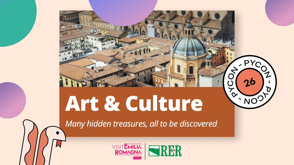 pyconit's tweet photo. Between talks at #PyConItalia2026, explore the art &amp; culture of Emilia-Romagna 🎨

Historic cities, mosaics, music, museums, and endless inspiration ➡️ https://t.co/92m6mX3Iu9

#PyConIT #PyConIT26 #VisitEmiliaRomagna #Bologna #PyConItalia2026 #EmiliaRomagna https://t.co/XKg1nonGq4