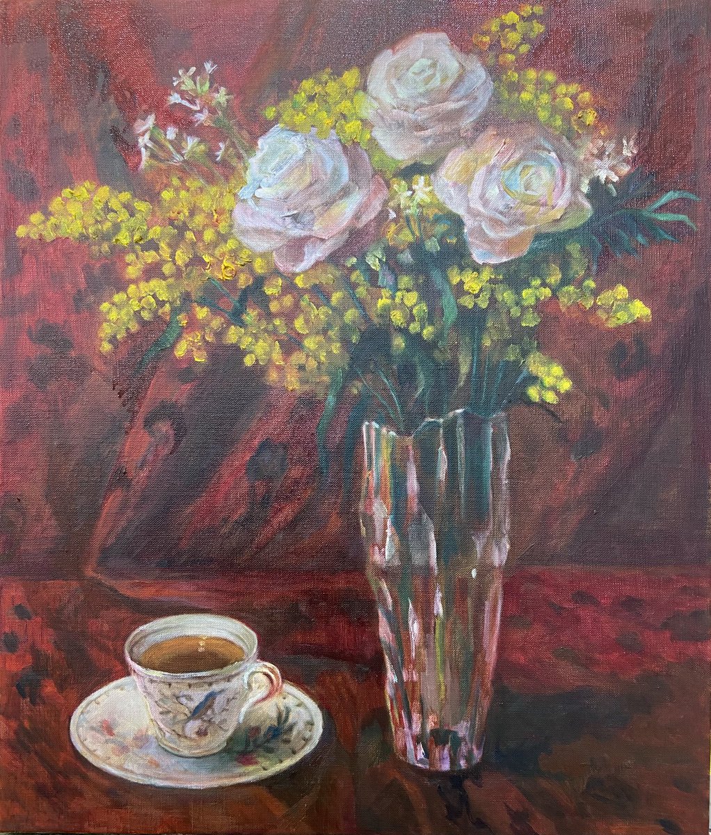 花瓶と紅茶のある静物、油彩F10号を描き進めました。ミモザと植物の茎