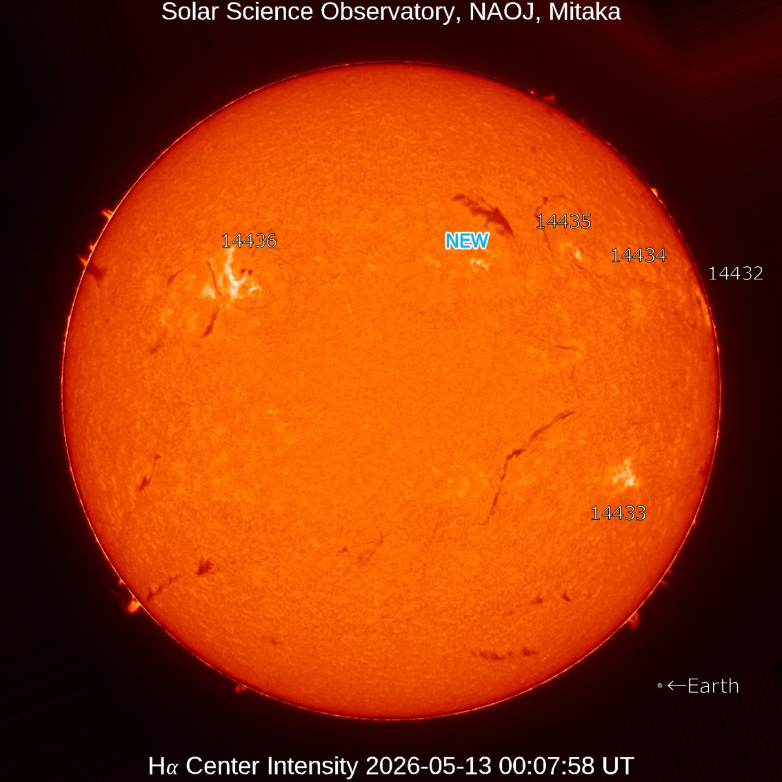 太陽の赤点 本日の太陽】2026-5-13のHα線全面像 静穏な状態が続いています。 活動