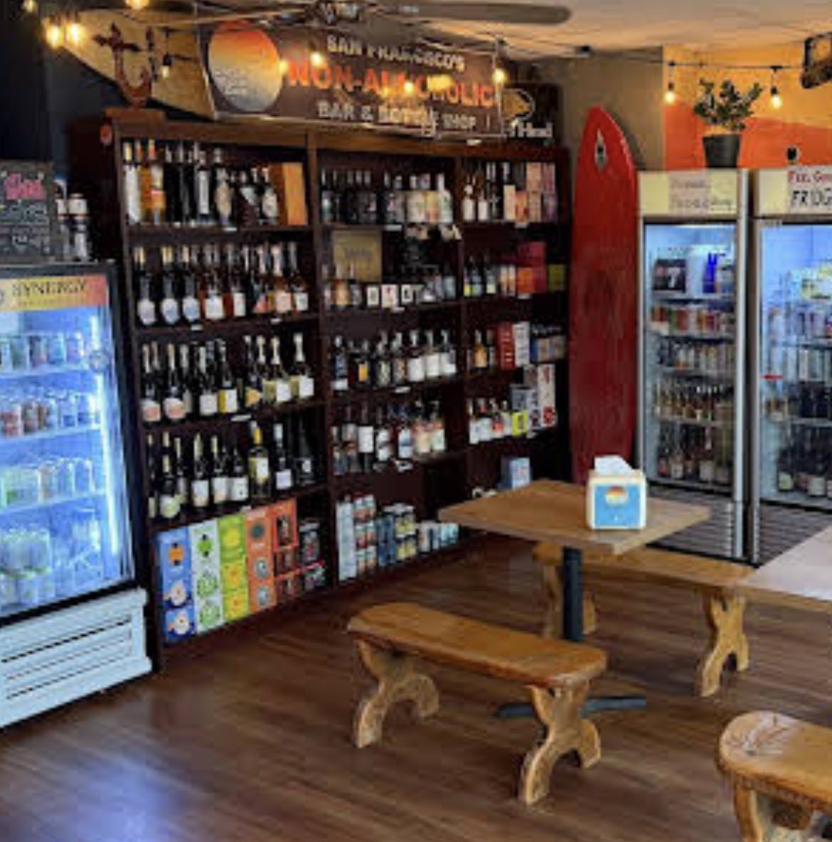 vik_davidovich's tweet photo. @brookeleblanc There is place Ocean Beach Cafe at 734 La Playa St. 
They have a cool coffee and food, a few desks for remote workers, decent wi-fi, and do you see all these drinks on the shelf? They are all non-alcoholic. https://t.co/MOGy93C12y