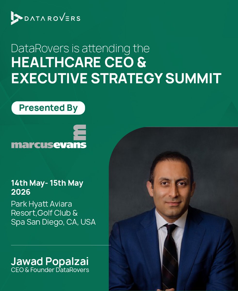DataRovers's tweet photo. DataRovers will be attending the Healthcare CEO &amp; Executive Strategy Summit, presented by @marcusevans on May 14–15, 2026, in San Diego, California.
Join our CEO &amp; Founder, Jawad Popalzai, as we connect with healthcare leaders.
See you in San Diego!
https://t.co/StJxQU2FkD https://t.co/WUdnFhenMe