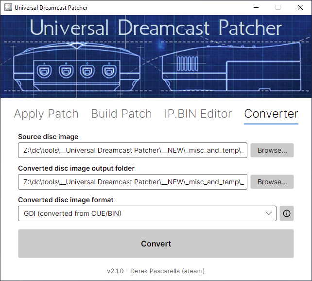 DerekPascarella's tweet photo. And one final feature before the next release, a generic Converter tab that'll allow users to cross-convert disc images between any of the supported formats:

- TOSEC-style GDI
- Redump-style CUE/BIN
- Compressed CHD https://t.co/WLyux3sxdl