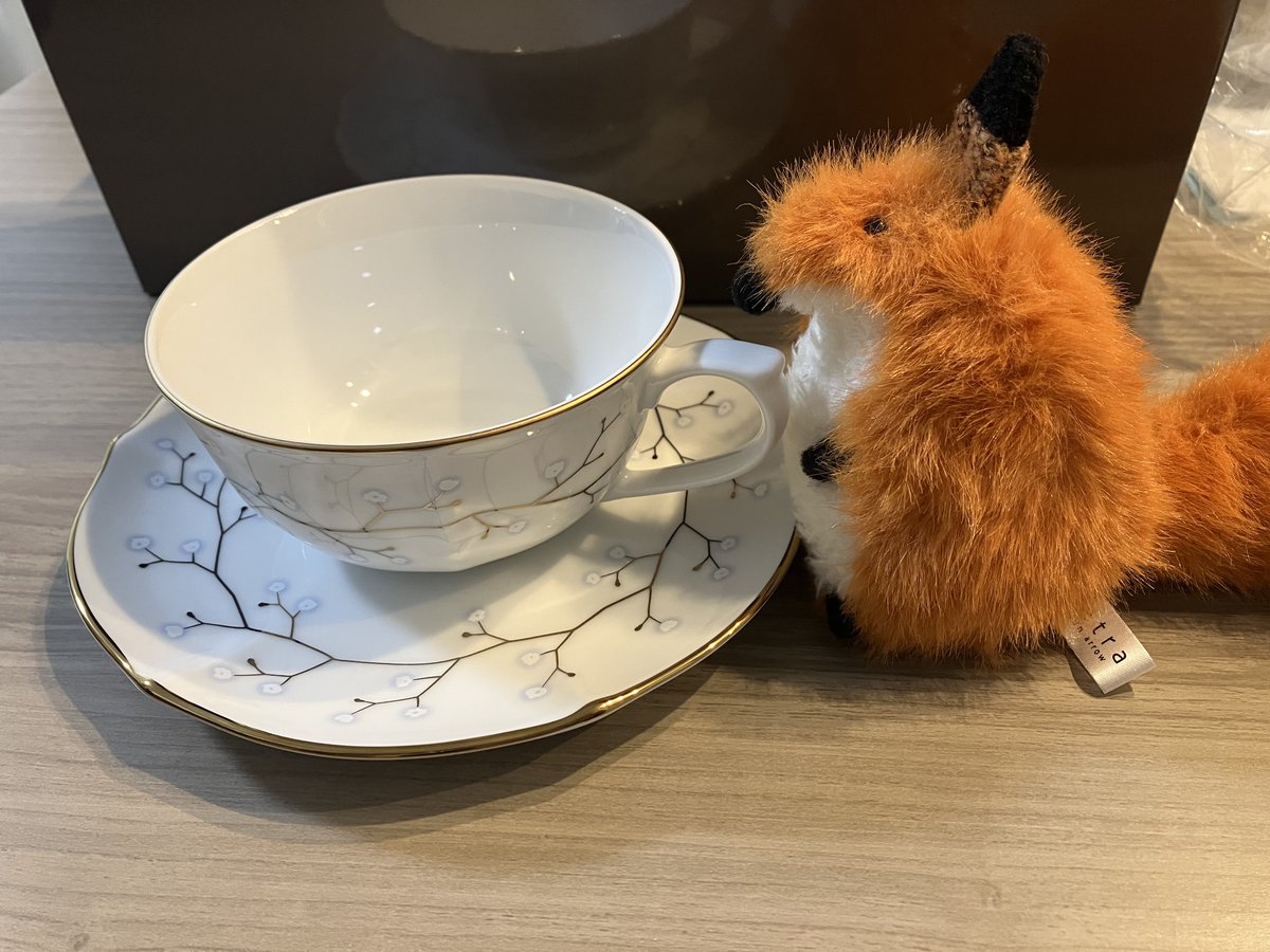 mocha__dam's tweet photo. こだわりの茶葉、おいしいお菓子ときたら次はいい食器か…ということでノリタケさんのホワイトベルっていうティーカップとソーサー買っちゃった🫖
お迎えしたサンアローさんのtetraきつねちゃんを添えて🦊 https://t.co/tagpjXjY5U