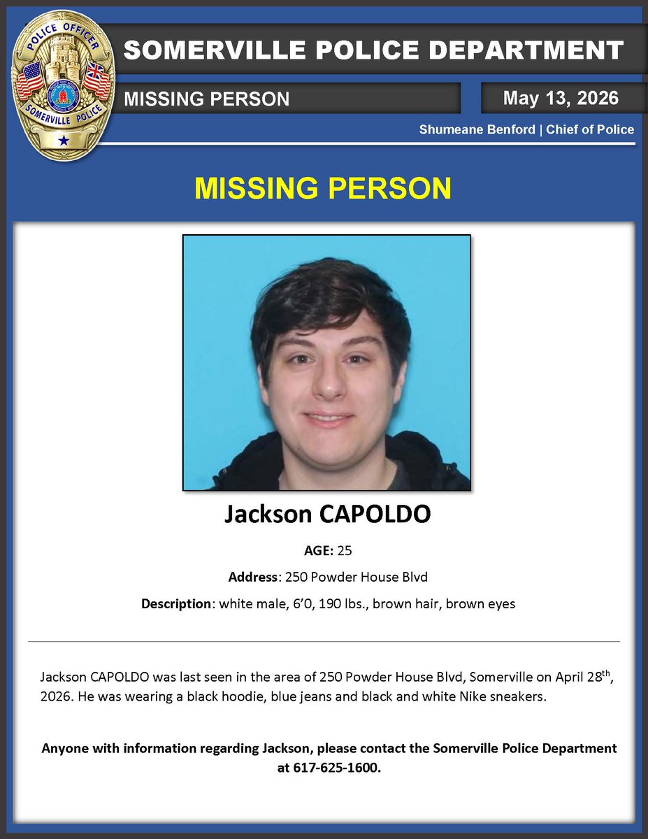SomervillePD's tweet photo. Jackson CAPOLDO was last seen in the area of 250 Powder House Blvd, Somerville on April 28th, 2026. He was wearing a black hoodie, blue jeans and black and white Nike sneakers.
Anyone with information regarding Jackson, please contact the Somerville Police at 617-625-1600. https://t.co/y7EQ0ojQKL