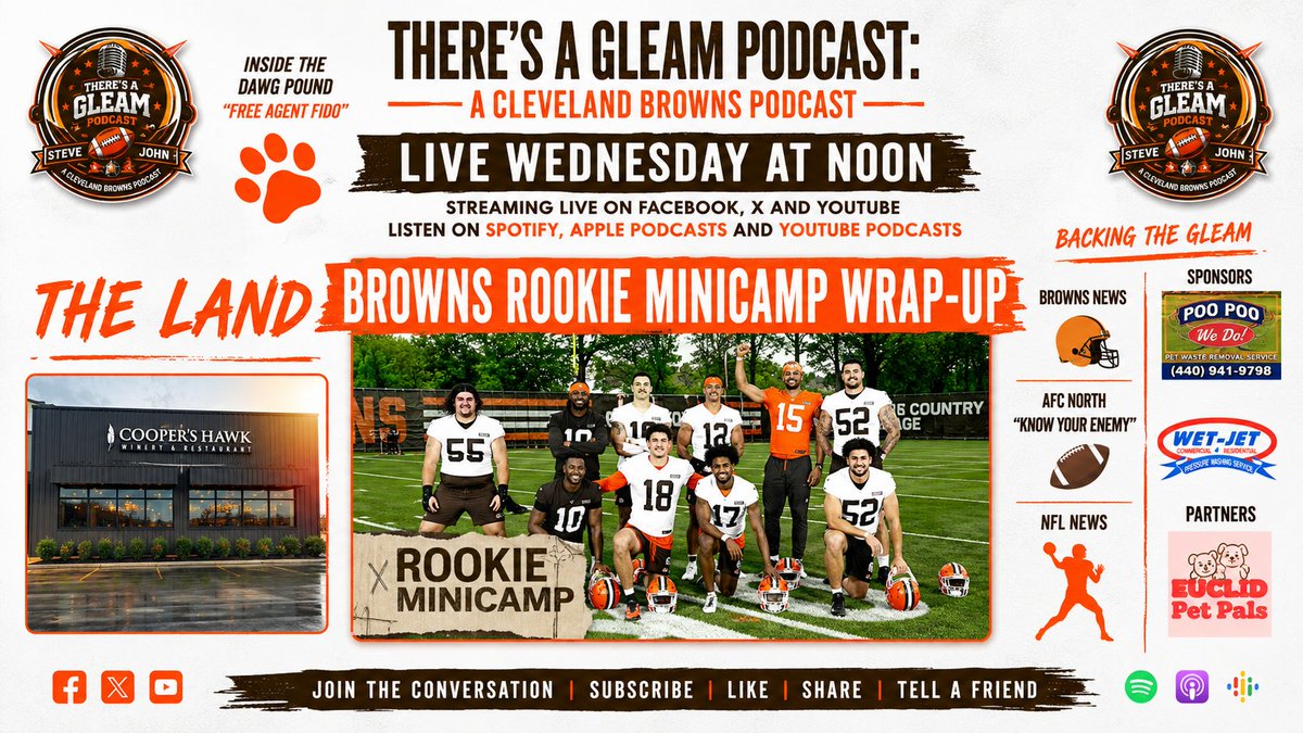 LightTheGleam's tweet photo. 🚨 LIVE WEDNESDAY AT NOON 🚨

Theres A Gleam Podcast
Browns Rookie Mini Camp reactions
Taylen Green discussion
Special QB Gleam Meter
AFC North + NFL news
Inside the Dawg Pound
The Land: Cooper’s Hawk Avon
Real Browns talk. Real opinions. No nonsense.
#Browns #Dawgpound @Hemmy44 https://t.co/F8fGufQLhl