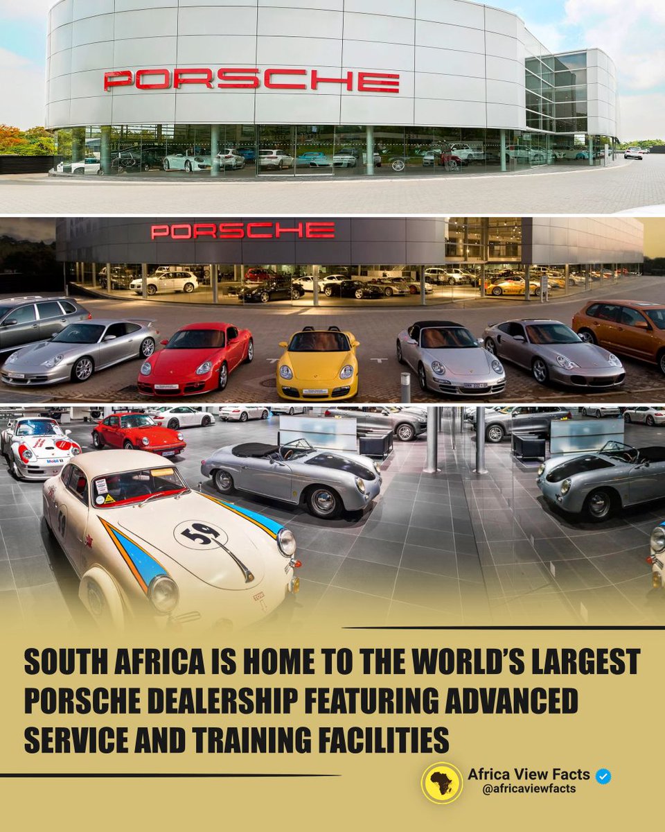 AfricaViewFacts's tweet photo. South Africa’s 🇿🇦 Porsche Centre Johannesburg is the world’s largest Porsche dealership. The facility includes vehicle sales, servicing, advanced body repair and painting facilities, as well as large showrooms, service bays, and a dedicated training centre. https://t.co/VufzxPEoQm