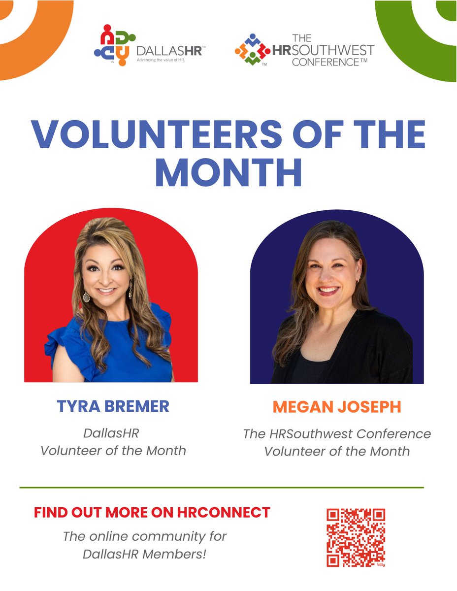 DallasHR's tweet photo. Big congratulations to our Volunteers of the Month! 👏

Tyra Bremer and Megan Joseph embody the dedication and vision that drive the HR profession forward. Through their dedication, vision and commitment, they have an impact on all our members at DallasHR!

#DallasHR https://t.co/FRtkKSxnNy