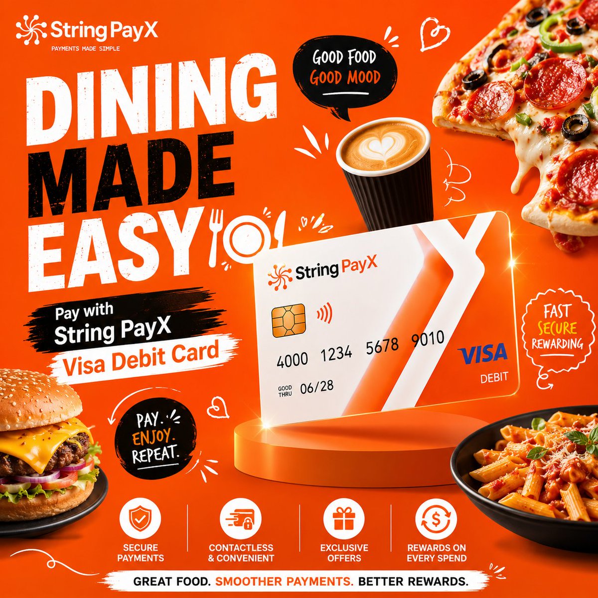 stringpayx's tweet photo. 🍔 Dining made easy

Pay with String PayX Visa Debit Card 💳
✨ Enjoy smarter payments &amp; rewards
Good food. Better savings. 😋

👉 https://t.co/72qd4x8Thx

#StringPayX #Dining #Foodie #Cashback #SmartPayments #VisaDebit #DiningOut #Rewards #Fintech #SaveMore #EarnMore https://t.co/zUYJoHeMZU