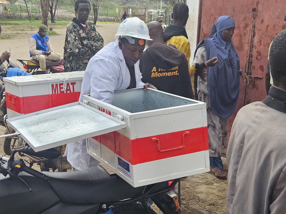 FAOKenya's tweet photo. Aaron is among  meat traders at Kakuma slaughter house. He was trained on safe meat handling &amp; today he used a standardised meat carrier box given by @FAOKenya through a @EUinKenya funded project whose goal is to build opportunities for refugees &amp; host communities self reliance. https://t.co/zGrOoqLKo8