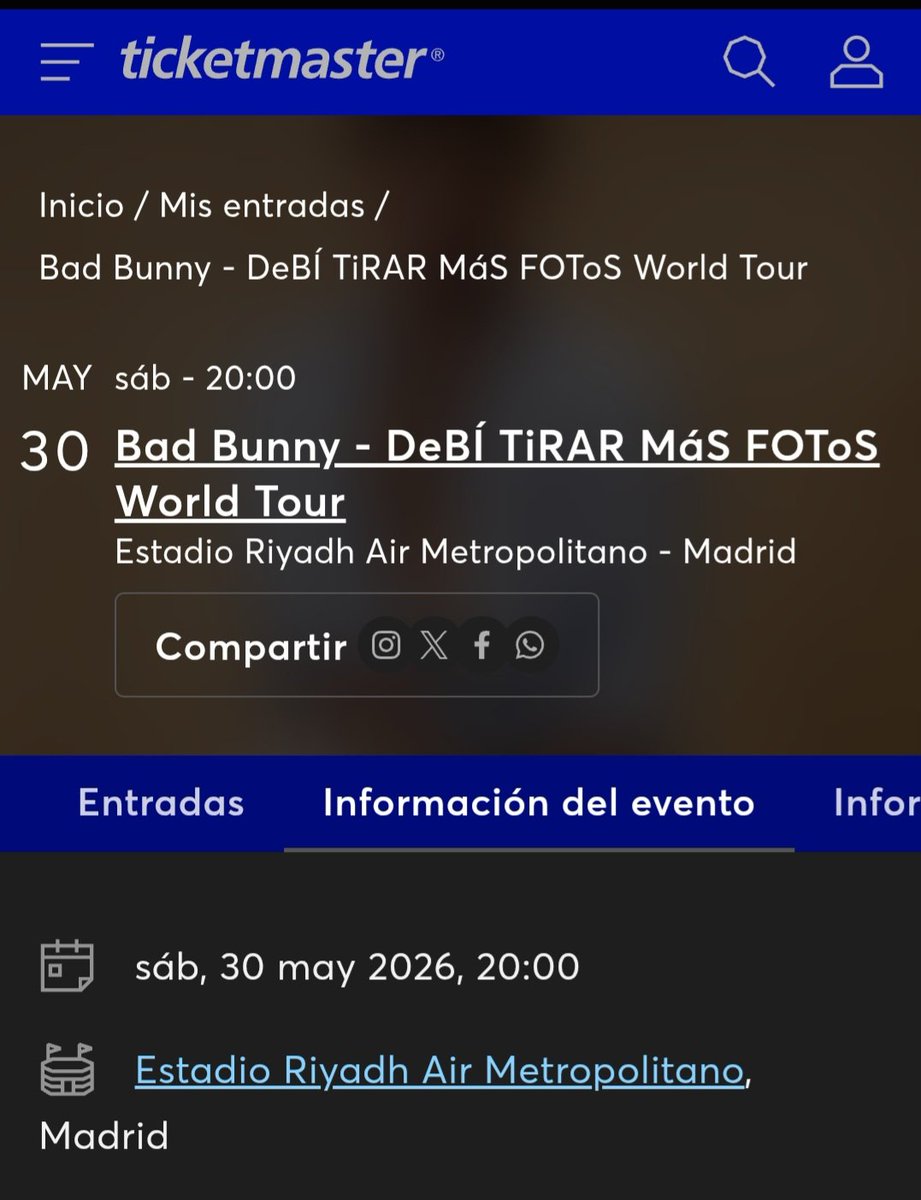 ChikenJesu's tweet photo. VENDO entrada BAD BUNNY — Madrid 30 de mayo, entrada Platinum oficial
📍Entrada sentada con muy buena visibilidad
🔁 Transferencia oficial y segura mediante Ticketmaster

💸 Precio: 250€ mismo precio que la compre https://t.co/A4YkYfY6OB