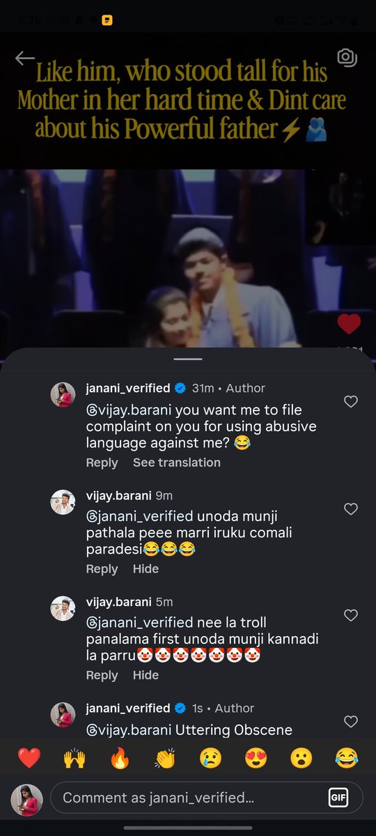 Janani_writes's tweet photo. This guy is continuously using abusive language &amp; threatened me saying "adi vanguva" for sharing my view on social issue in Insta. Its clear attack on right to speak. I request @tncybercrimeoff to take action on this.

His acct: https://t.co/Ddtixr4JJ5

#cybercrime #Vijay #Abuse https://t.co/szIJDnuslL