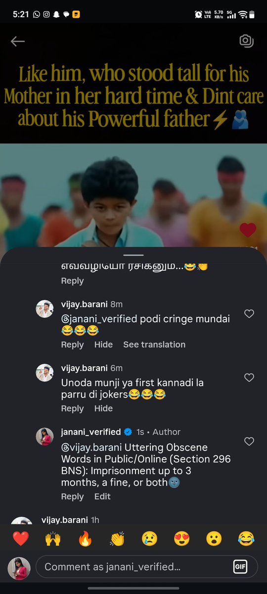 Janani_writes's tweet photo. This guy is continuously using abusive language &amp; threatened me saying "adi vanguva" for sharing my view on social issue in Insta. Its clear attack on right to speak. I request @tncybercrimeoff to take action on this.

His acct: https://t.co/Ddtixr4JJ5

#cybercrime #Vijay #Abuse https://t.co/szIJDnuslL