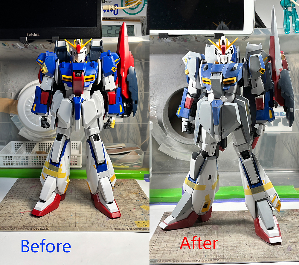 inutaron's tweet photo. バンダイ PG Zガンダム 仮想Ver1.5完成です。
PG Zを近年のVer.KaやHGUCと見比べたときに見劣りしないスタイルになるように工作してます。
制作途中等は→ https://t.co/NNTjgnTLsF
静岡ホビーショー2026の合同作品展にて
南館E-61 Club Varmint卓にて展示させていただきます。
#ガンプラ　#Zガンダム https://t.co/4KZmguuyTD
