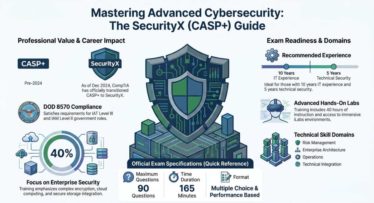 PMPClass's tweet photo. SecurityX (formerly CASP+) is built for advanced cybersecurity professionals.

Focus areas include:
✔ Enterprise security
✔ Risk management
✔ Security operations
✔ Technical integration

Learn more:
https://t.co/1Fbtz3Ycp6 https://t.co/VUQhhjkiJu