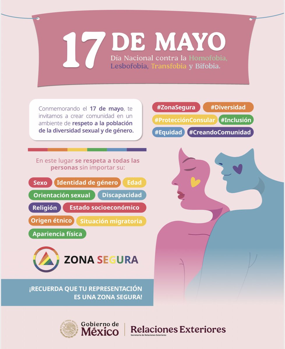 ConsulMexFrk's tweet photo. El próximo 17 de mayo se conmemora el Día Internacional contra la Homofobia, la Transfobia y la Bifobia #IDAHOBIT, una fecha que invita a reflexionar sobre la importancia de promover sociedades más incluyentes, seguras y libres de discriminación🏳️‍🌈
Conoce más en esta infografía⤵️ https://t.co/3SrGUCHVjj
