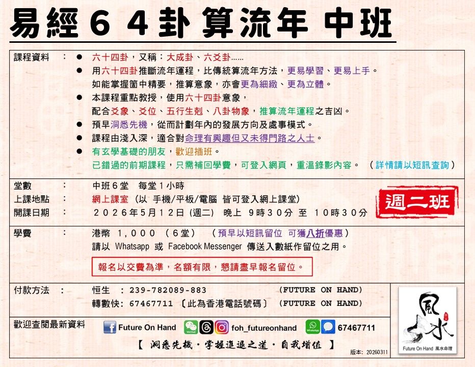 FutureOnHand's tweet photo. 【 易經６４卦算流年 中班 】 (課程編號: 8HX43052)

●　六十四卦，又稱：大成卦、六爻卦……
●　用＂六十四卦＂推斷流年運程，比傳統算流年方法，更易學習、更易上手。如能掌握箇中精要，推算意象，亦會更為細緻、更為立體。
●　本課程重點教授，使用＂六十四卦＂意象，配合爻象、爻位、五行生剋、八卦物象，推算流年運程之吉凶。

●　預早洞悉先機，從而計劃年內的發展方向及處事模式。
●　課程由淺入深，適合對命理有興趣但又未得門路之人士。

●　報名以交費為準，名額有限，懇請盡早報名留位。
●　已錯過的前期課程，只需補回學費，可登入網頁，重溫錄影內容。（詳情請以短訊查詢)

●　洞悉先機‧掌握進退之道‧自我增值

#易卦算流年 #六十四卦算流年 #大成卦算流年 #六爻卦算流年 #數字算流年 #玄學課程 #風水課程 #擇日課程 #算命課程 #奇門 #易經 #風水命理 #風水布局 #算命算流年 #流年批命 #擇吉日擇時辰 #改名 #占卜問事 #揀電話號碼揀冧巴 #FOH #FutureOnHand