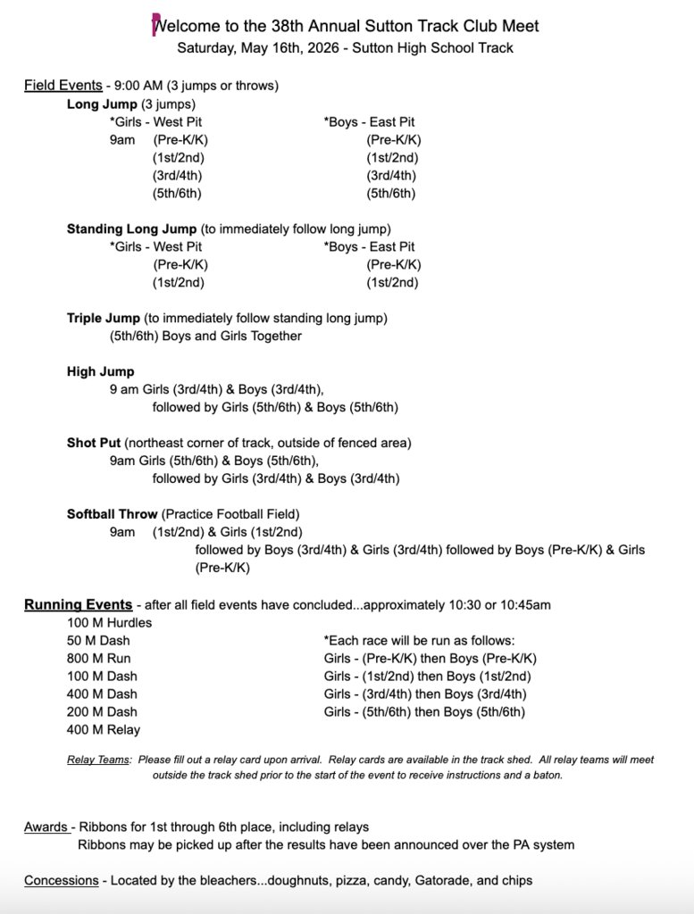 SchoolSutton's tweet photo. Here is the Order of Events for the Elementary Track Meet on Saturday May 16th.
Field Events start at 9am and Running Events will begin around 10:30 or 10:45 am. https://t.co/UzUvPwvm4p