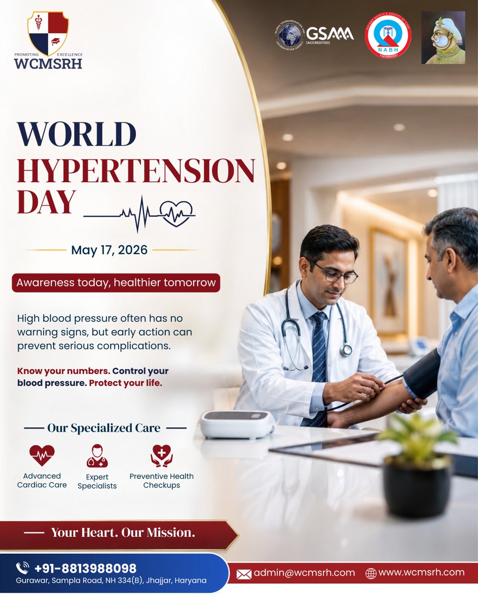 wcmsrh's tweet photo. High blood pressure is often called the “silent killer” because it may not show early warning signs, yet it can lead to serious health complications if ignored.

This World Hypertension Day, WCMSRH encourages everyone to prioritize regular health checkups, monitor blood pressure levels, and adopt a healthier lifestyle for a stronger heart and healthier future. ❤️

Early awareness, timely diagnosis, and preventive care can make a life-saving difference.

#WorldHypertensionDay #HypertensionAwareness #HeartHealth #WCMSRH #HealthyHeart #BloodPressureAwareness #PreventiveHealthcare #CardiacCare #HealthAwareness #HealthyLifestyle #Healthcare #Jhajjar #Wellness #HeartCare #WorldHypertensionDay2026
