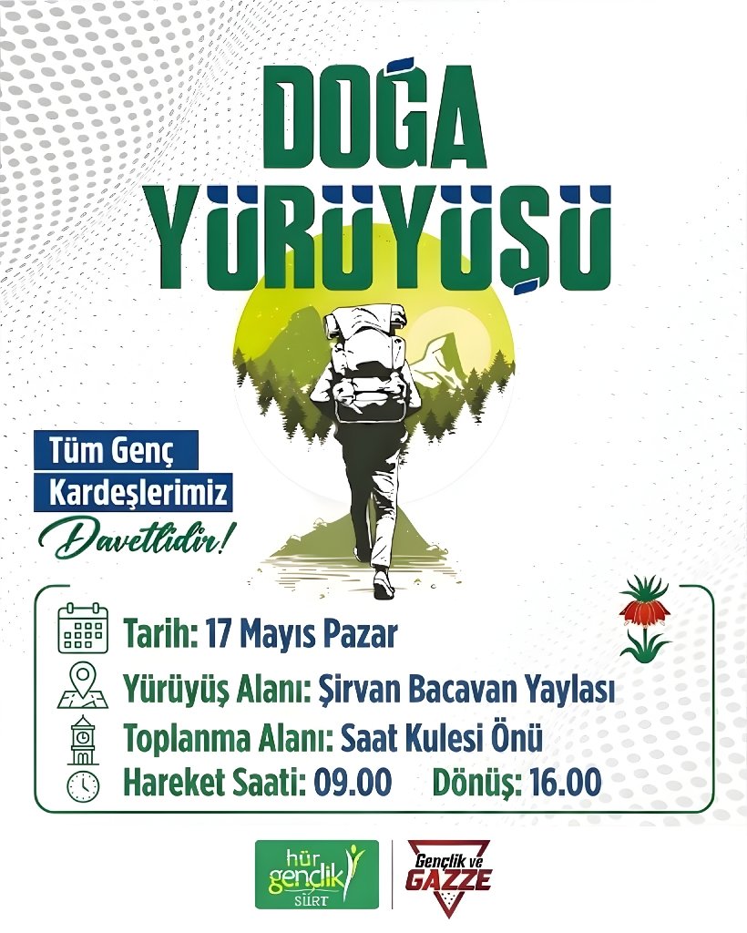 HurGenclik56's tweet photo. Doğanın kalbinde, Ters Lalelerin eşsiz manzarası eşliğinde bir gün geçirmeye ne dersiniz? 🏔️🥀
🚩 Yürüyüş Alanı: Şirvan Bacavan Yaylası
📍 Toplanma Alanı: Saat Kulesi Önü
🕘 Hareket Saati: 09.00 
 🕓 Dönüş: 16.00
Tüm genç kardeşlerimiz davetlidir!
#DoğaYürüyüşü #Siirt #HürGençlik https://t.co/PWDHCjcUDL