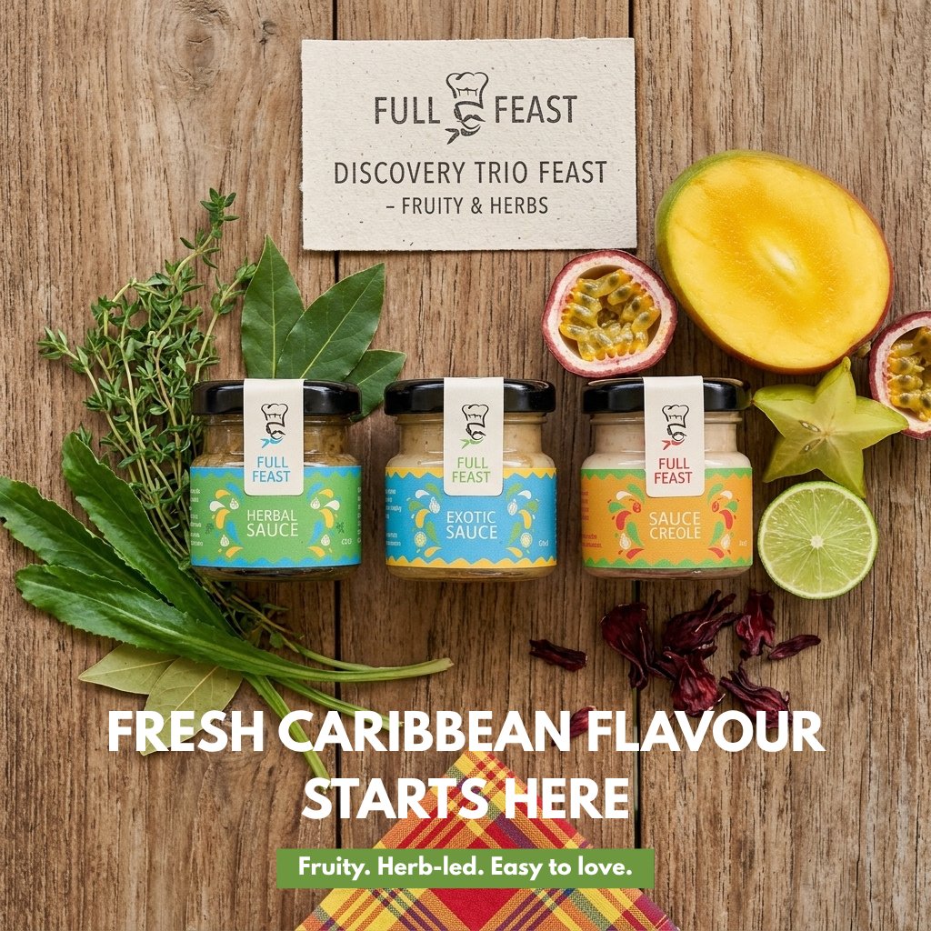 Fullfeast's tweet photo. Fresh Caribbean flavour starts here 🇬🇵
3 flavours. 3 moods. 1 easy discovery.
 Discover the Fruity &amp; Herbs Trio.

 #CaribbeanFood #TasteGuadeloupe https://t.co/KNyT3YgbrI