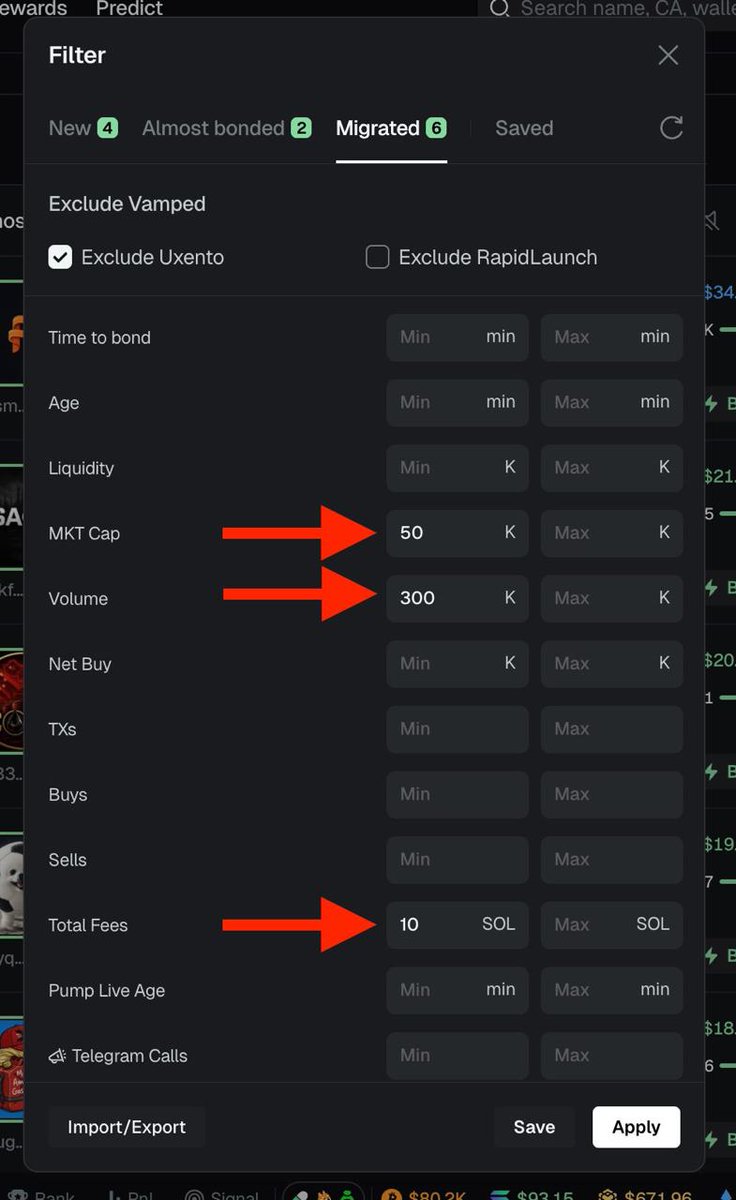 kriptokurduu's tweet photo. Solana Memecoin Filtreleri!

Bu filtreler ile çok düşük market cap’li coinleri bulamayabilirsiniz ancak daha sağlam olanları görerek scam coinleri daha kolay ayırabilirsiniz.

1⃣ GMGN üzerinde “Migrated” kısmından filtreleme bölümüne tıklayın ve görselde gördüğünüz gibi doldurun.

Memecoin’lerin büyük kısmı, hacim ve total fees kısmındaki manipülasyonlarla insanları kandırdığı için bu yöntemle bunları eliyoruz.

Bunları yaptıktan sonra zaten 2-3 saatlik sürelerle coinler listeye düşüyor. Bu düşen coinlerde de araştırmamızı yapmamız daha kolay oluyor. Binlerce coin içinde boğulmaktansa, daha az ama verileri daha iyi olan coinleri bu sayede ayırabiliyoruz.

‼️ Bu filtrelerde çıkan coinler %100 güvenli ve yükselecek anlamına gelmez ancak araştırma sürecinizi kolaylaştırabilir. Kendi detaylı araştırmanızı yapmayı unutmayın.