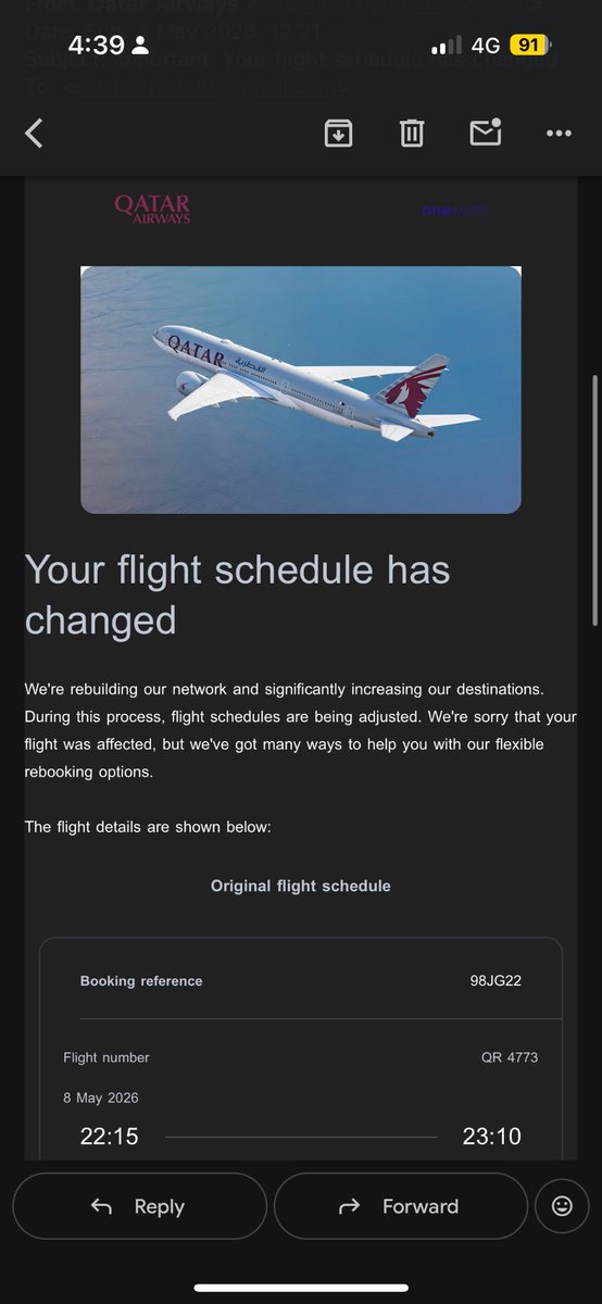 Pulkit989's tweet photo. Given that the original service could not be operated as scheduled, I respectfully request a full refund instead of being charged a “no-show” fee for circumstances beyond my control. I hope your team can review this fairly and resolve it at the earliest. #QatarAirways #customer https://t.co/fLWsZRbsGA