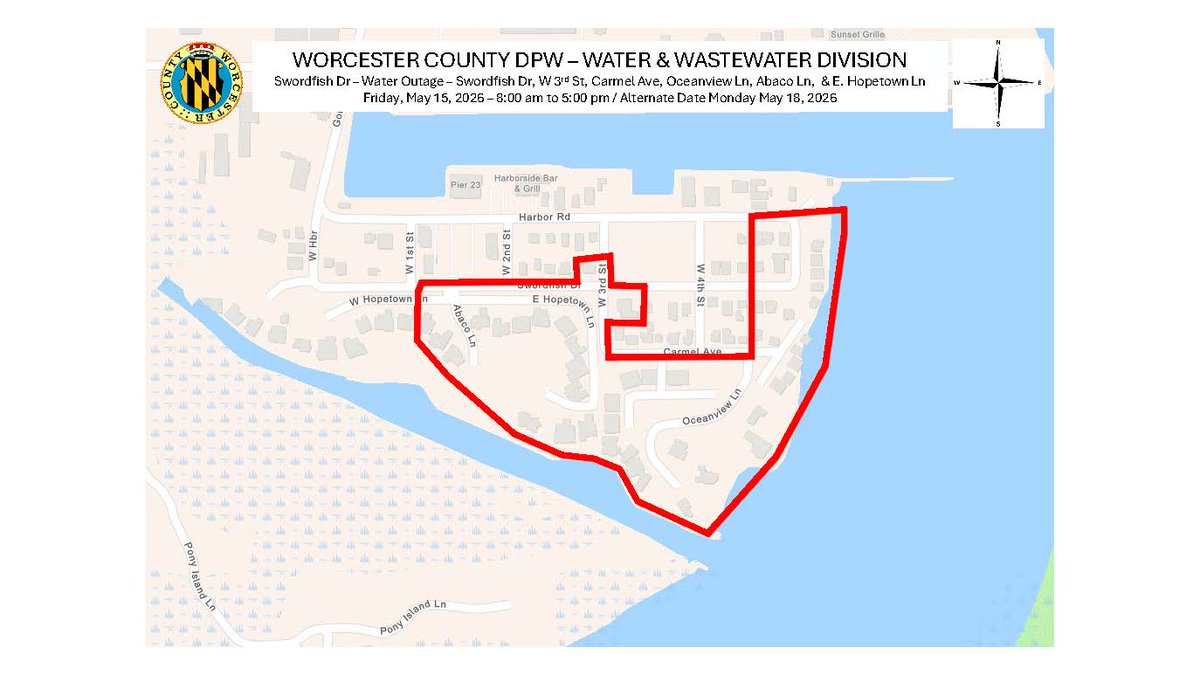 WorcesterCounty's tweet photo. Public Notice –West Ocean City Water Outage May 15 on E. Hopetown Lane, a section of W. Hopetown Lane, a section of Swordfish Drive, a section of Harbor Road, and all of Carmel Avenue, Oceanview Lane, and Abaco Lane

To replace a failing water service main, Public Works will shut off water to an estimated 80 homes for all of E. Hopetown Lane, a section of W. Hopetown Lane, all of Abaco Lane, a section of Swordfish Drive, a section of Harbor Road, all of Carmel Avenue, and all of Oceanview Lane in WOC from 8 a.m. to 5 p.m. on May 15, with an alternative date of Monday, May 18. Water service will be affected for approximately 6-9 hours while crews make the repair.

Following the repair, area residents may experience brown water. If that occurs, please allow the water to run for a few minutes until it becomes clear. If the water remains brown, please contact Water and Wastewater at 410-641-5251.
