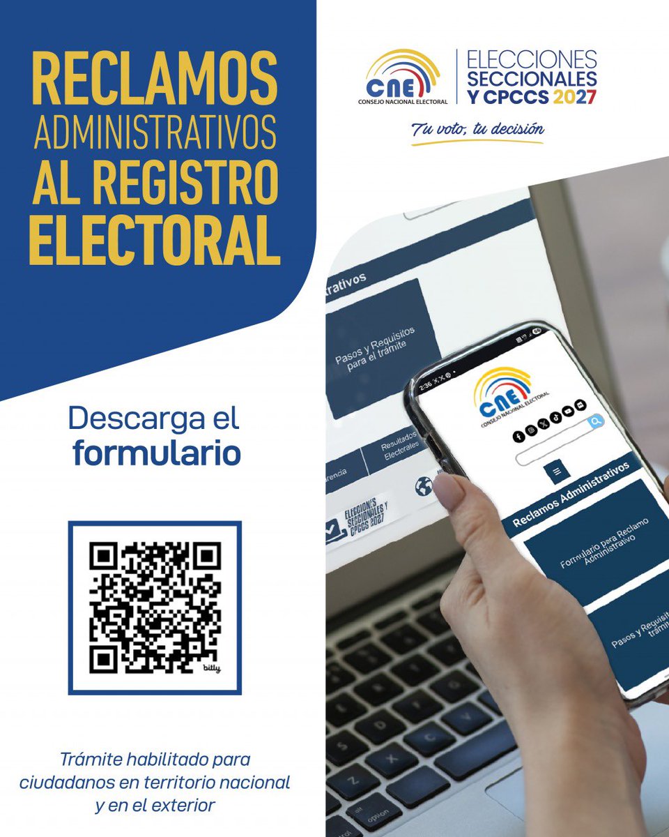 CECUATLANTA's tweet photo. 📌 Hasta el 1⃣8⃣ de mayo, los ecuatorianos pueden realizar Reclamos Administrativos al Registro Electoral. 
Cambiaste tu Domicilio Electoral o habilitación del Registro Pasivo para las #Elecciones2027Ec y tienes observaciones al trámite, realiza un Reclamo Administrativo https://t.co/V5ViqKYIK2