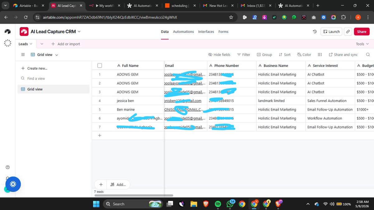 GemAdonis's tweet photo. Update on the AI Lead Capture + CRM Follow-Up Automation I started building.

It is now completed.

The workflow now captures a new lead from a form, cleans the data in n8n, uses an AI Agent to review the lead’s message, budget, urgency, and service interest, then classifies https://t.co/42stUqBEeU