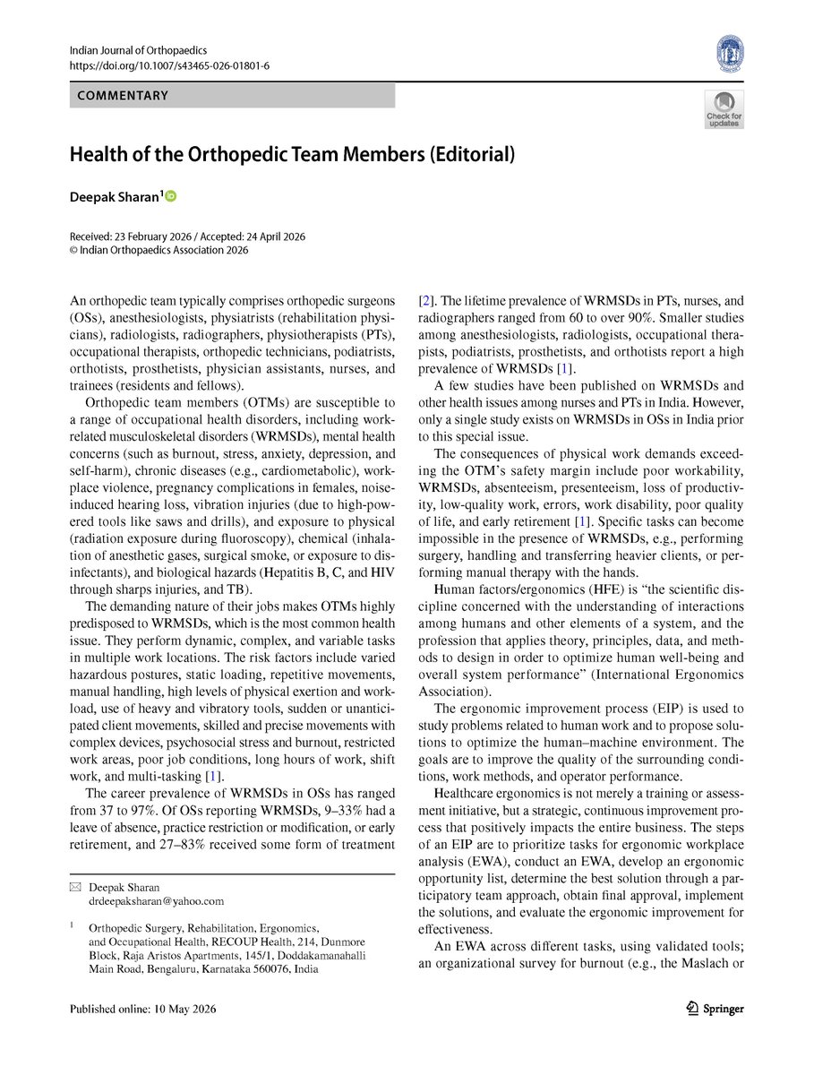 DrDeepakSharan's tweet photo. The first-ever special issue on the Health of the Orthopedic Team Members is getting published in the Indian Journal of Orthopaedics and is edited by Dr. Deepak Sharan.

His editorial has just been published online. 
https://t.co/0G0C5xAEeN https://t.co/v80fVZADB3
