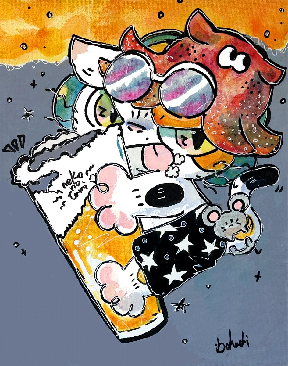 みけねこビール』 F3号キャンバス(273×220mm) 水彩画 此方の作品は毎年