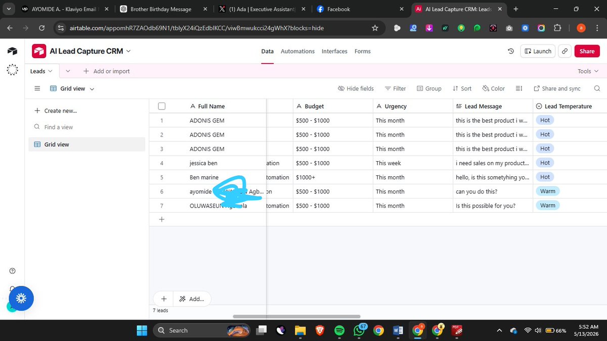 GemAdonis's tweet photo. Update on the AI Lead Capture + CRM Follow-Up Automation I started building.

It is now completed.

The workflow now captures a new lead from a form, cleans the data in n8n, uses an AI Agent to review the lead’s message, budget, urgency, and service interest, then classifies https://t.co/42stUqBEeU