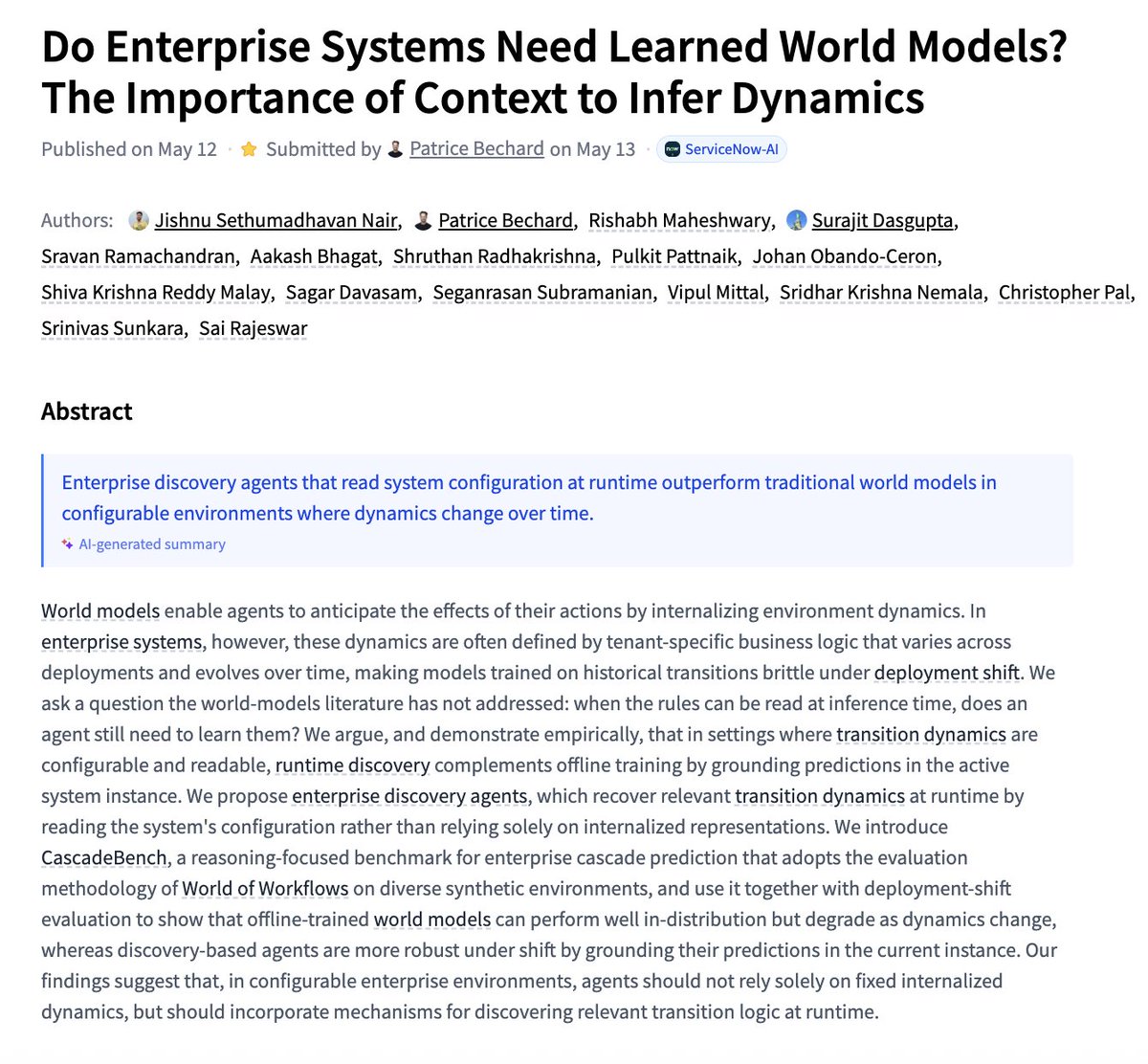 Do Enterprise Systems Need Learned World Models? 

The Importance of Context to Infer Dynamics